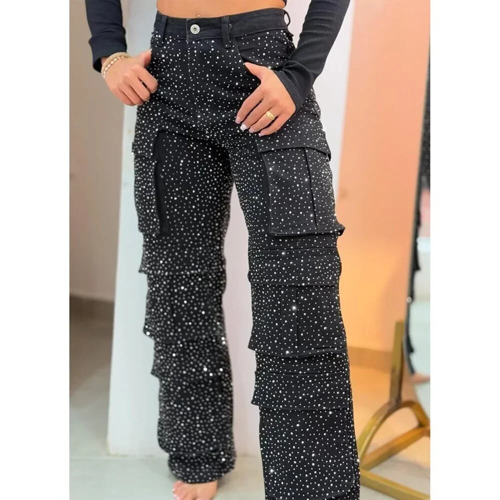 Women's Rhinestone Cargo Jeans High Waist Baggy Wide Leg Denim Pants - Picture 2 of 6